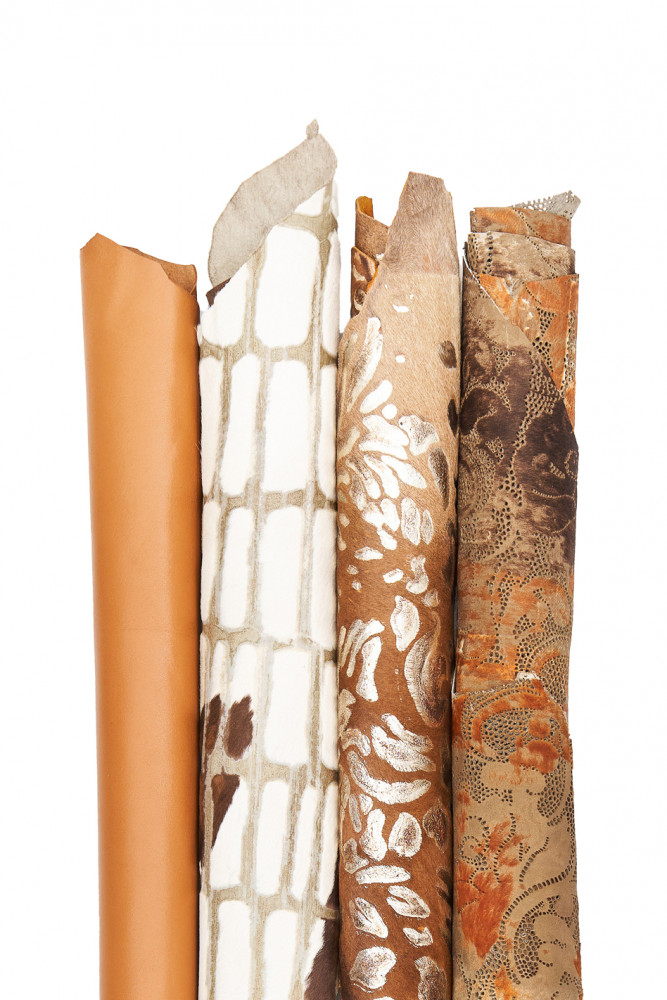 Bundle of 3 hair on LEATHER hides and 1 smooth goatskin, assortment of tan brown smooth metallic printed matching skins