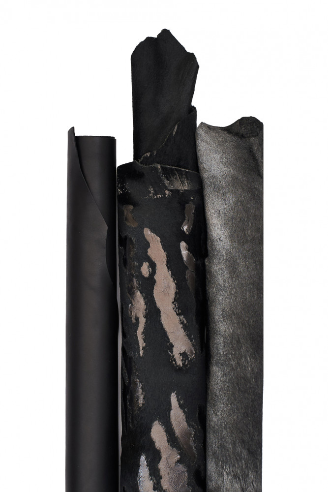 SET of 3 black steelmetal leather hides, assortment of 2 hair on leather hides and 1 smooth calfskin