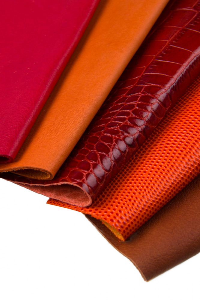 10 Selected leather scraps, RED and ORANGE color, mix colorful selection leather remnants as per pictures