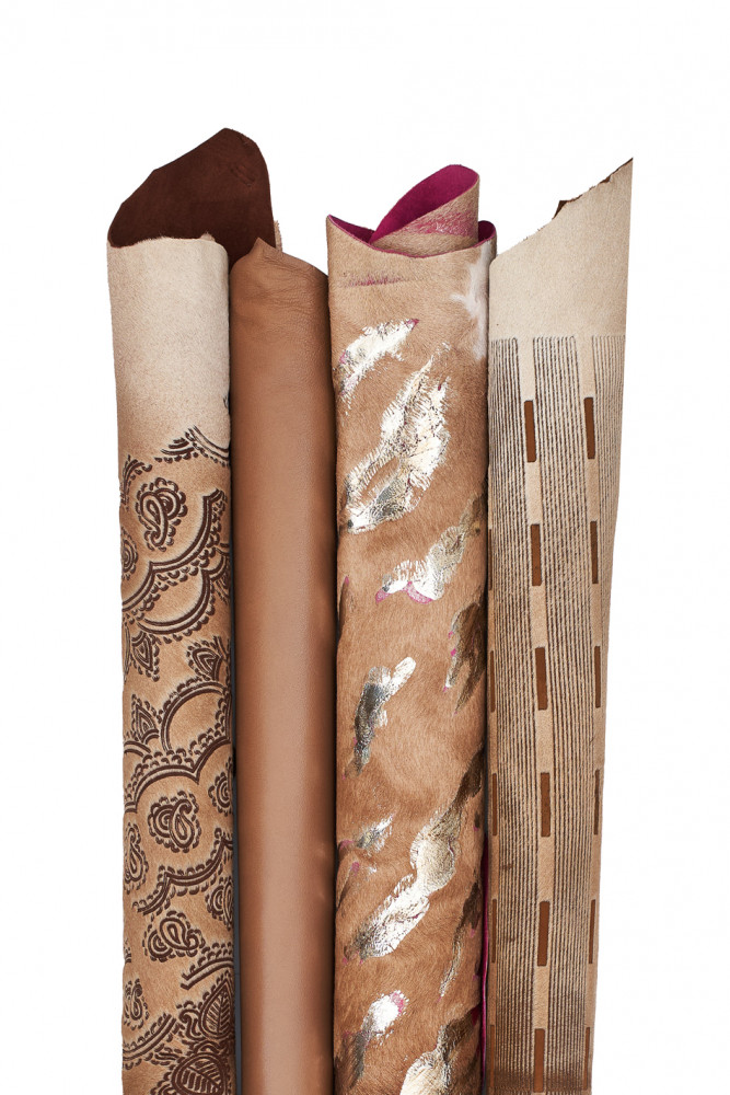 4 BEIGE brown assorted leather hides, matching metallic printed hair on leather skins and 1 smooth nappa lambskin