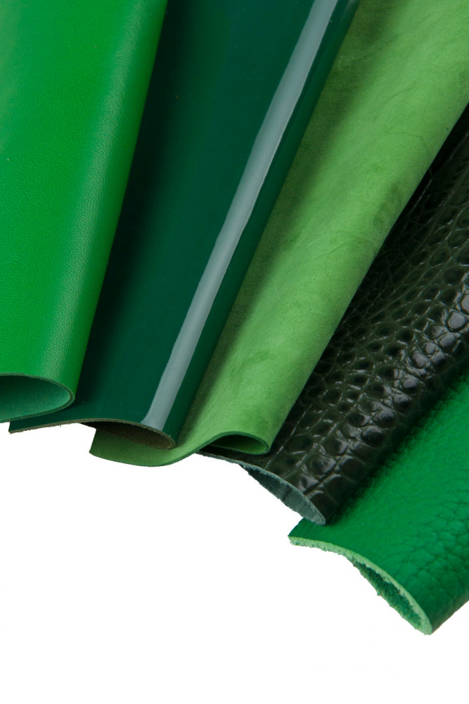 10 Selected leather scraps, GREEN color, mix colorful selection leather remnants as per pictures