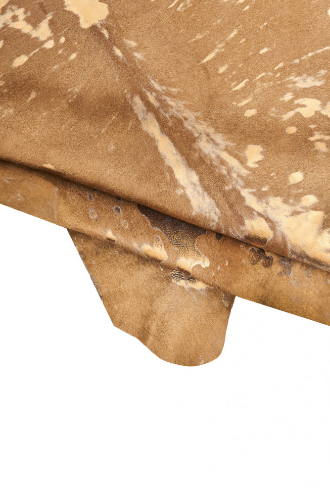 Brown GOLD hair on leather hide, soft metallic hairy cowhide, distressed spotted print on calfskin