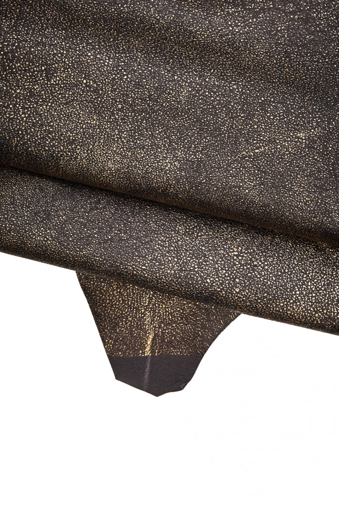 Black gold METALLIC leather skin, pebble grain printed goatskin, soft aged effect hide