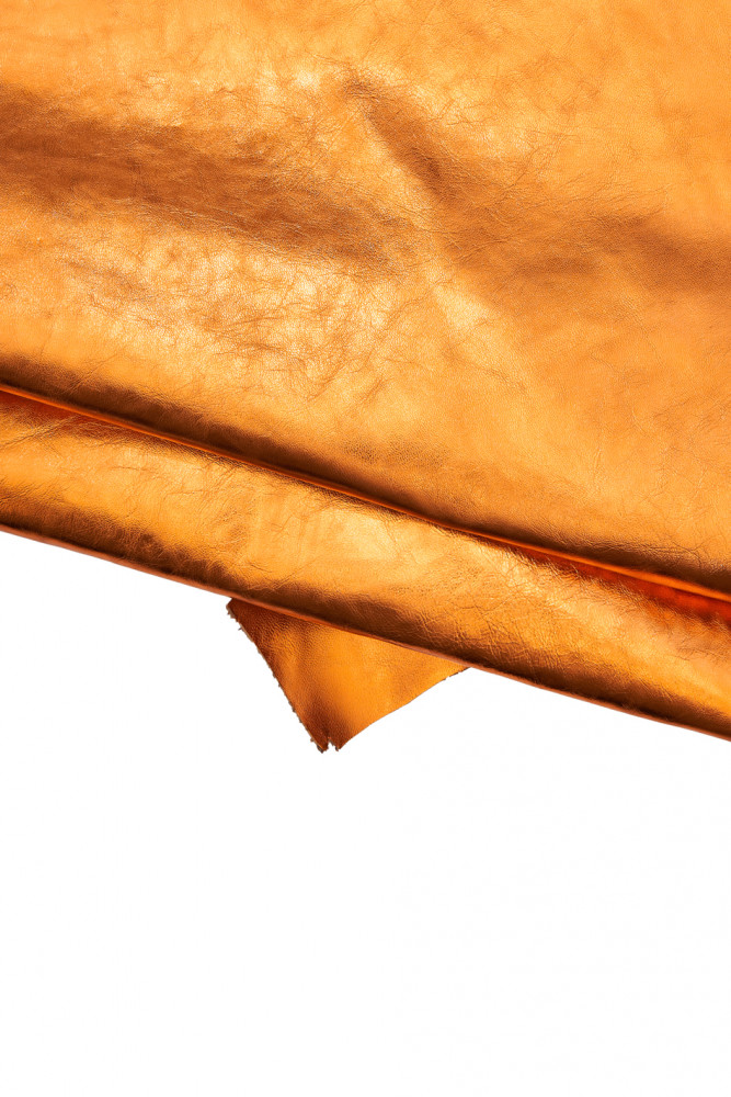 ORANGE leather skin, smooth metallic goatskin, glossy slightly wrinkled hide