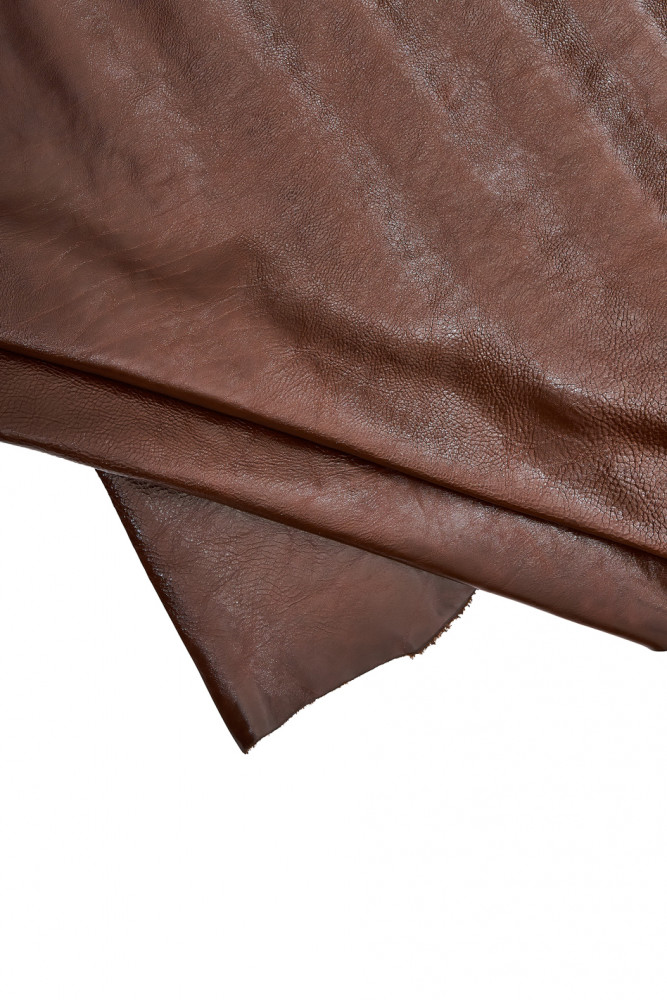 Brown GLOSSY leather hide, patent effect on calfskin, sporty wrinkled cowhide, 1.2 - 1.4 mm