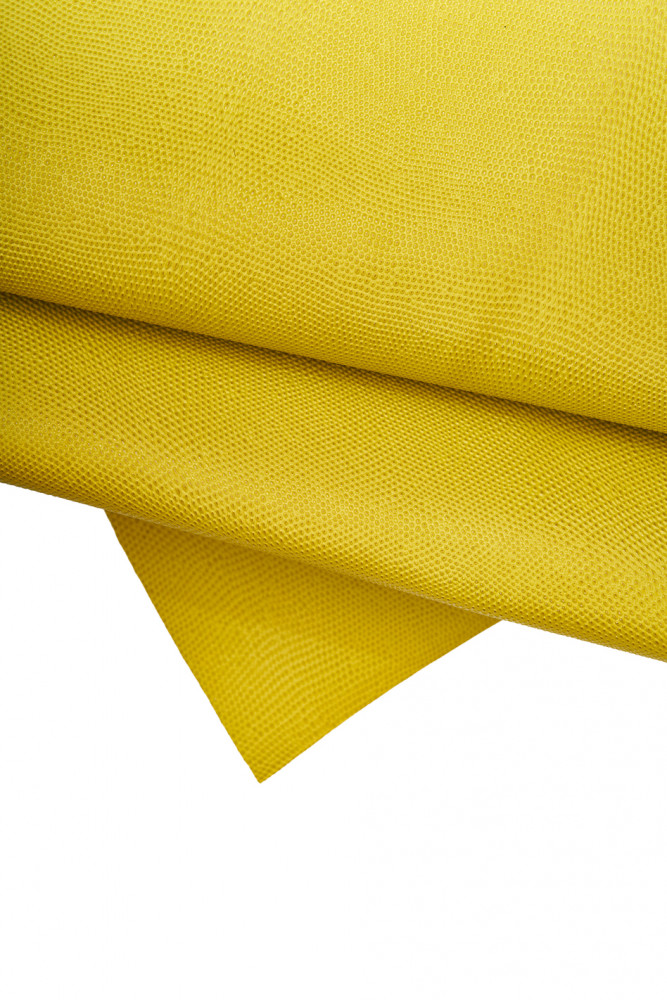 Yellow LIZARD printed leather hide, glossy reptile embossed cowhide, classic slightly stiff calfskin