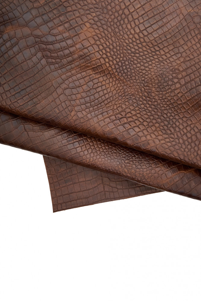 Brown CROCODILE embossed leather hide, puul up sporty cowhide croc printed glossy calfskin, medium softness