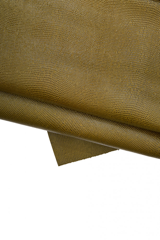 Olive green LIZARD printed leather hide, glossy reptile embossed cowhide, classic slightly stiff calfskin