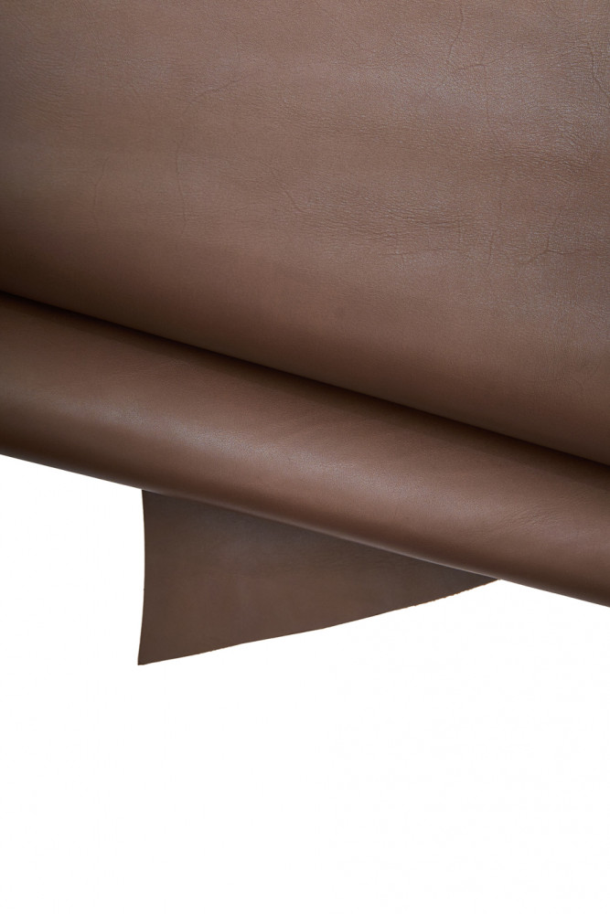 Brown SMOOTH leather hide, classic cowhide with slightly shaded, solid color calfskin with light neutral wax