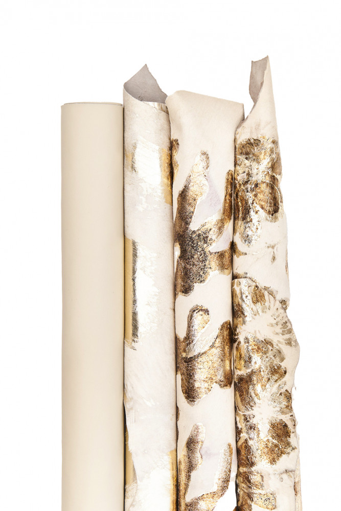 MIX of 4 milk white light gold metallic hair on leather hides and 1 cream smooth calfskin, assorted matching cowhides