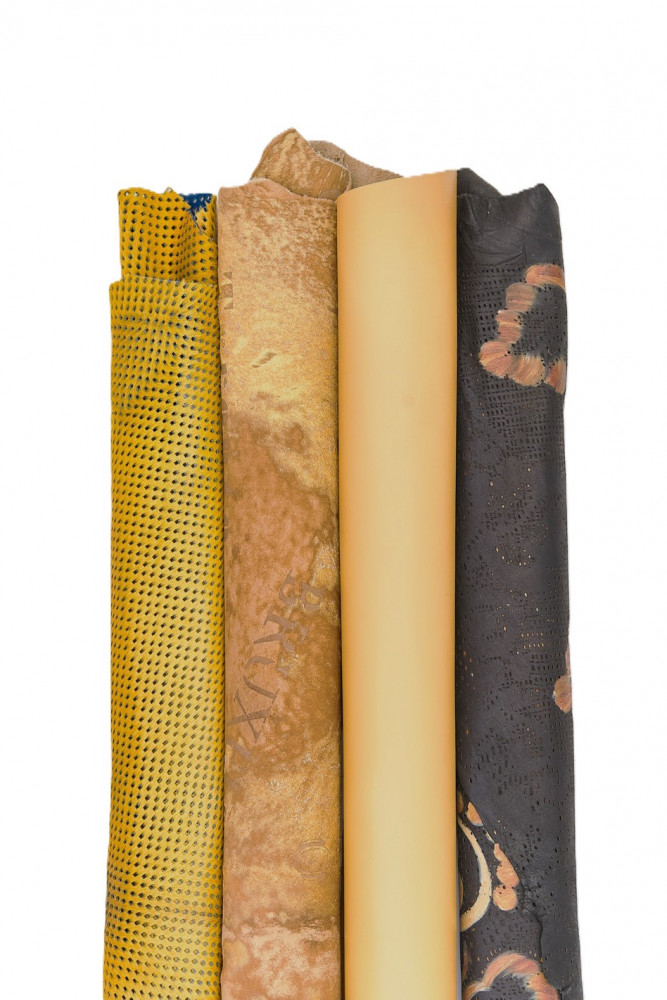 Assortment of 4 YELLOW leather hides, pack of matching printed perforated hair on leather skins and 1 smooth calfskin