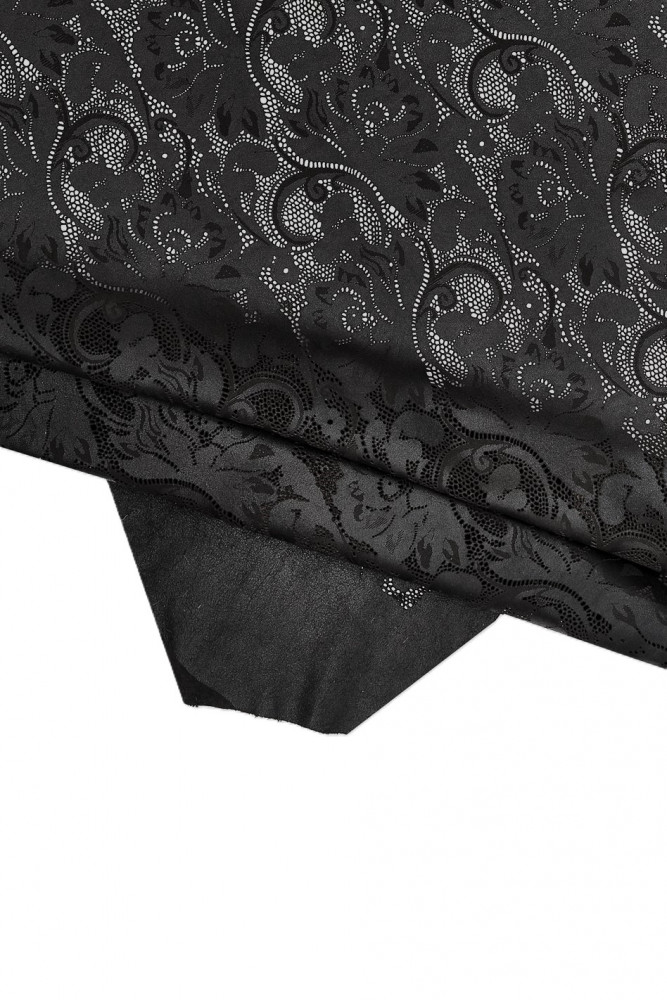 Black PIERCED leather skin, floral laser printed calfskin, soft cowhide for clothing 0.5 - 0.7 mm
