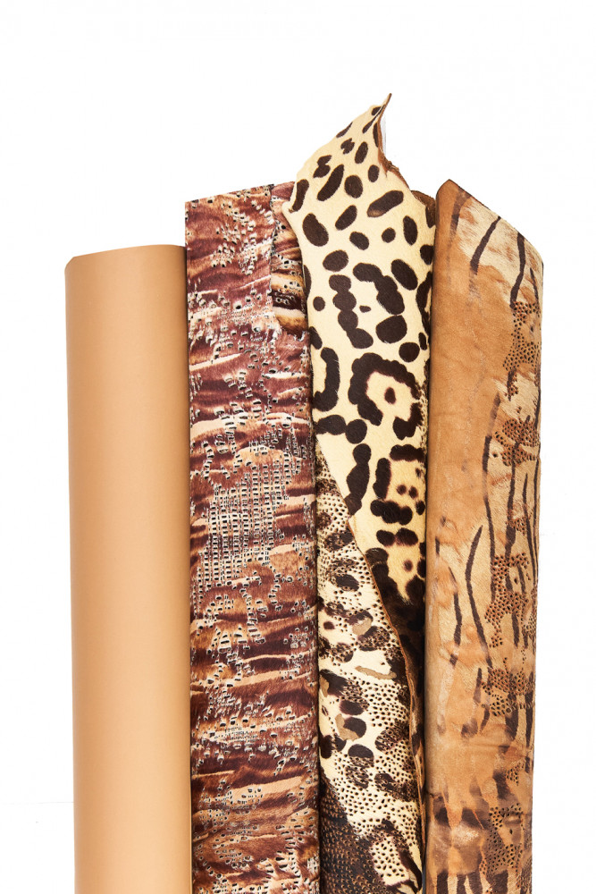 Assortment of PERFORATED hair on leather hides and smooth calfskin, boundle of 4 beige brown printed or flat skin
