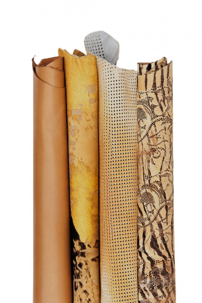 MIX of 4 beige brown leather hides, 3 perforated printed hair on leather skins and 1 smooth nappa lambskin as per picture