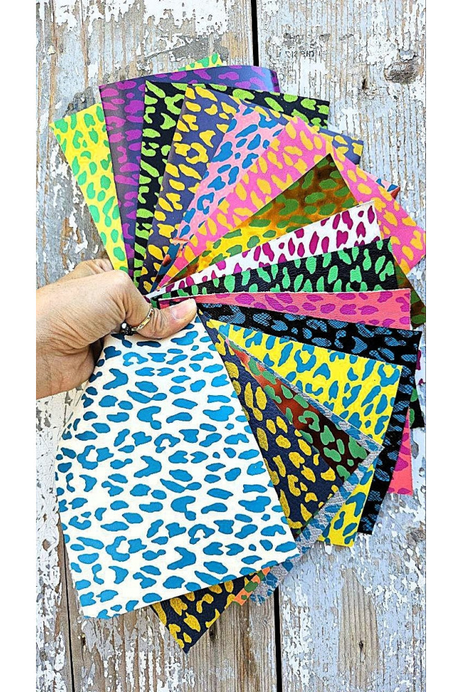 LEOPARD leather pieces, bright colors, random assortment, 10 printed leopard pieces, colors from the pictures