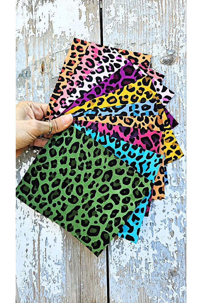 LEOPARD leather pieces, bright colors, 10 printed leopard pieces, assortment colors as per pictures