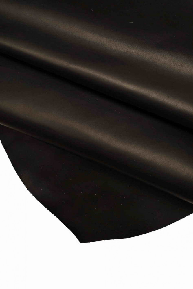 BLACK smooth THICK leather hide, sporty slightly wrinkled calfskin, genuine semi glossy Italian cowhide, 1.4 mm  B11748-TB