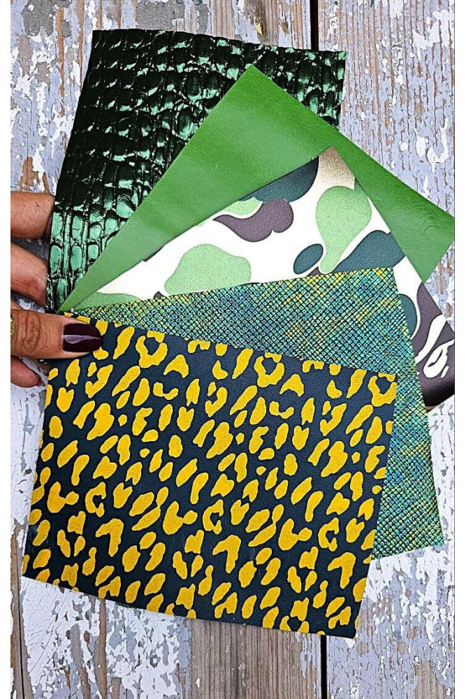 5 Selected leather scraps, GREEN tones, printed and metalic printed, mix selection leather remnants as per pictures