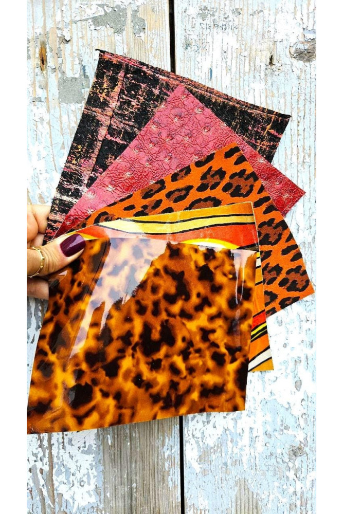 5 Selected leather scraps, RED and ORANGE tones, printed and metalic printed, mix selection leather remnants as per pictures