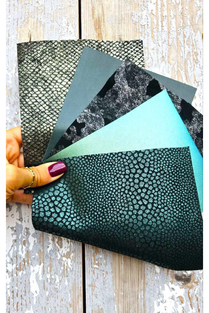 5 Selected leather scraps, GREEN tones, printed and metalic printed, mix selection leather remnants as per pictures