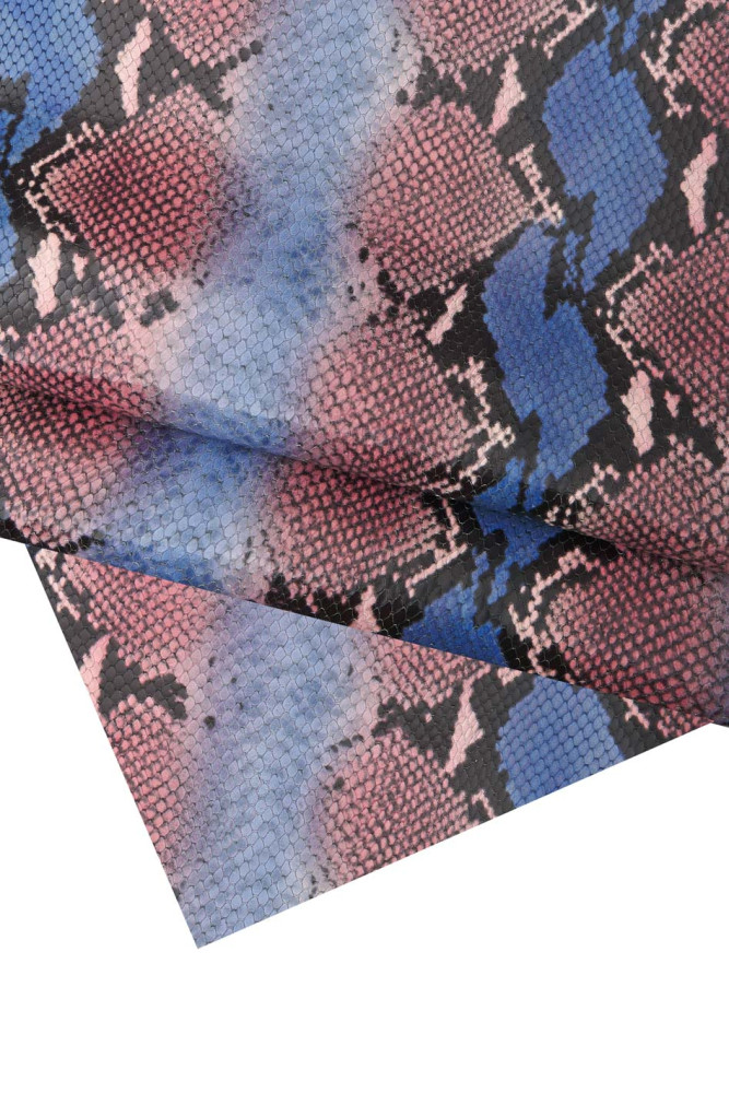 Blue pink black PYTHON textured leather hide, animal print on soft cowhide printed calfskin, 0.8/0.9 mm