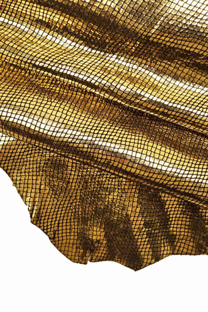 Gold REPTILE distressed leather hide, snake textured on goatskin, python metallic golden skin