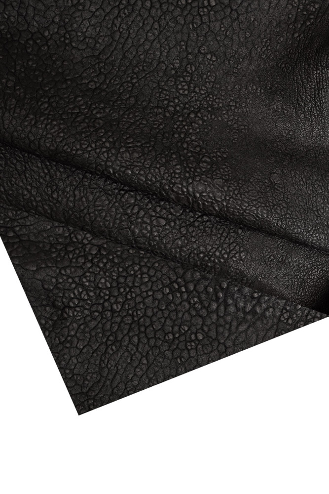 Black SPORTY leather skin, glossy goatskin with irregular grain, black soft vintage hide 1.6 1.8 mm