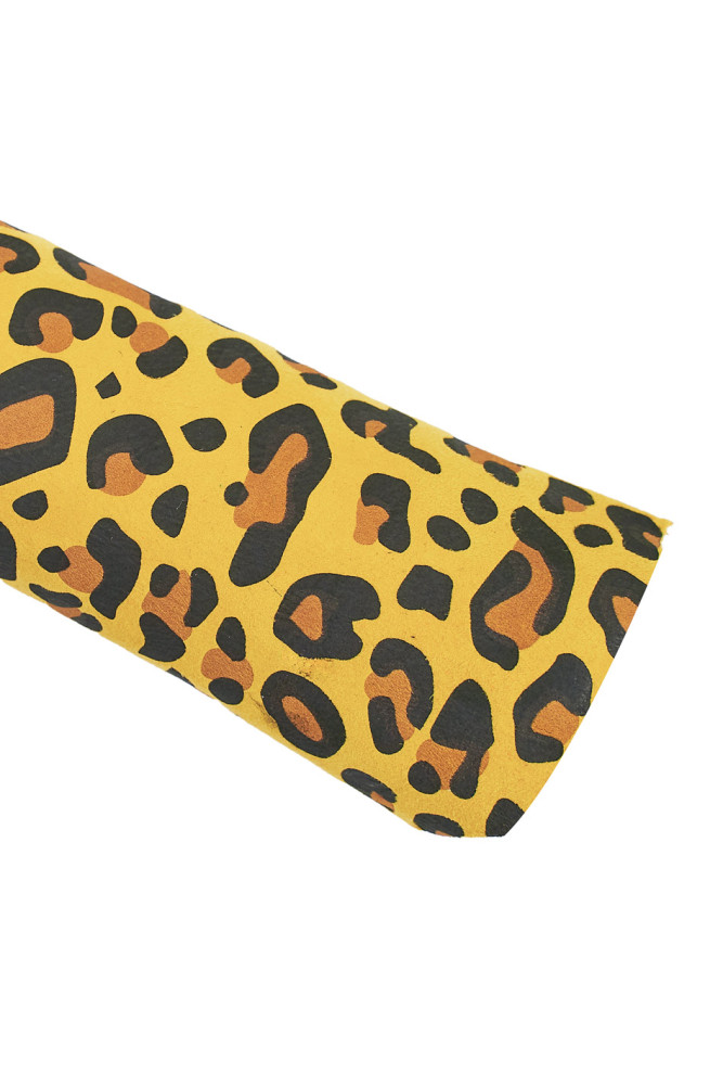 Yellow black LEOPARD textured leather skin, animal print on soft suede goatskin