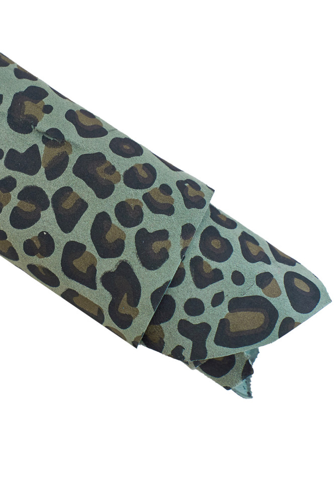 Sage green black LEOPARD textured leather skin, animal print on soft suede goatskin