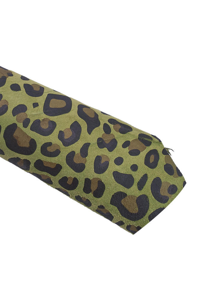 Green black LEOPARD textured leather skin, animal print on soft suede goatskin