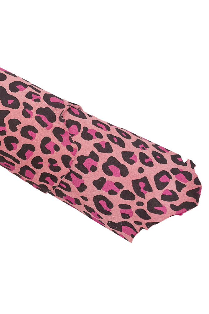 Pink black LEOPARD printed leather skin, animal texture on suede goatskin, spotted soft hide