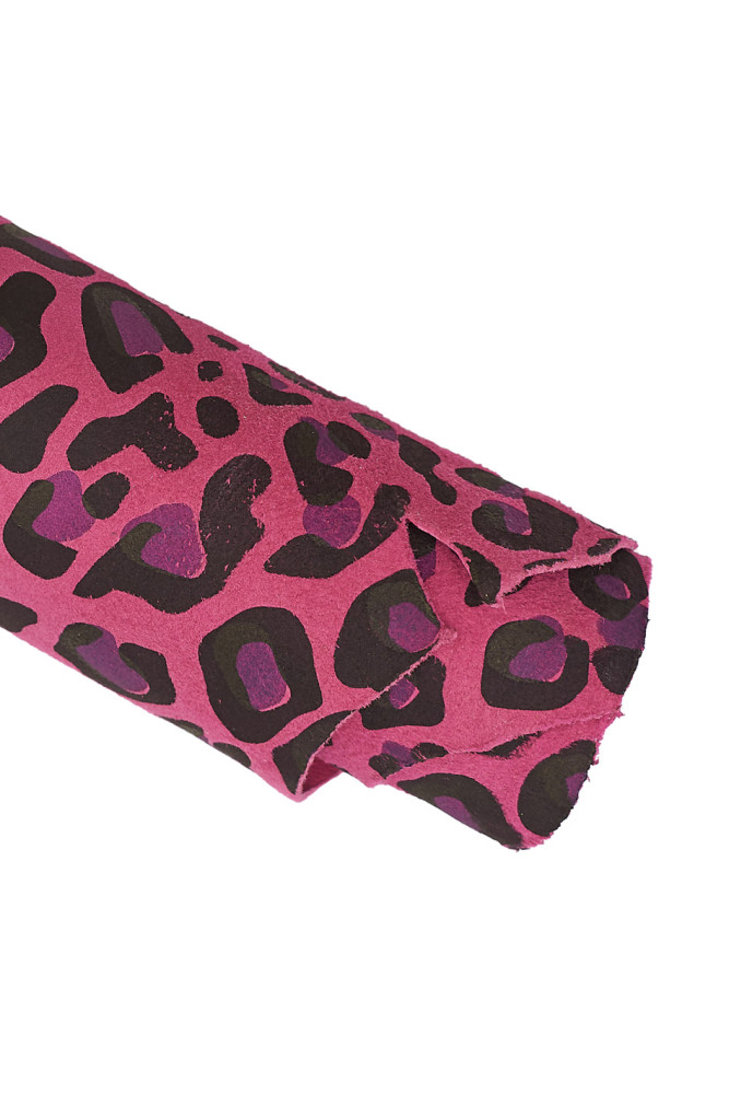 Fuchsia purple black LEOPARD printed leather skin, animal texture on suede goatskin, spotted soft hide