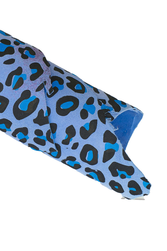 Light blue black LEOPARD printed leather skin, animal texture on suede goatskin, spotted soft hide