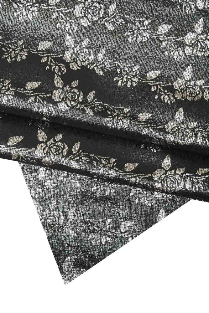 Black steel metal FLORAL textured goatskin, metallic roses pattern on leather soft printed skin