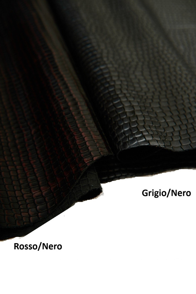 CROCODILE embossed leather hide, grey/black and red/black glossy cowhide, soft croc printed calfskin