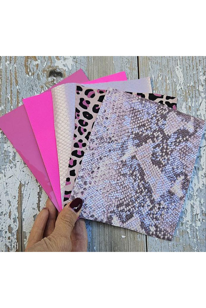 5 Selected leather scraps, FUCHSIA and PINK tones, printed and metalic printed, mix selection leather remnants as per pictures