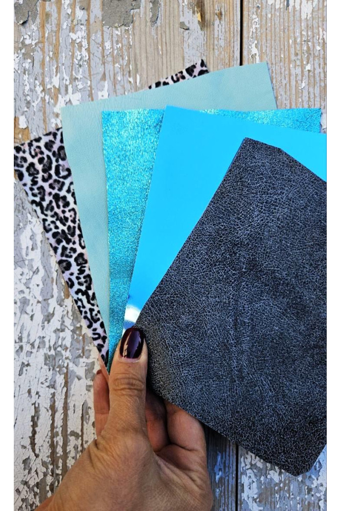 5 Selected leather scraps, TURCHOISE, SKY BLUE tones, printed and metalic printed,mix selection leather pieces as per pictures