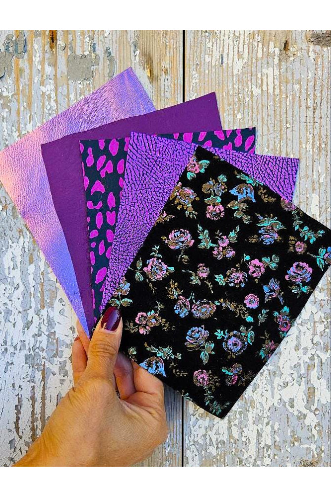 5 Selected leather scraps, PURPLE tones, printed and metalic printed,mix selection leather pieces as per pictures