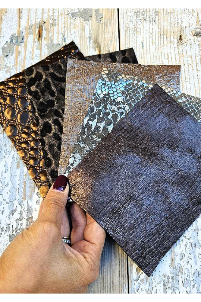 5 Selected leather scraps, BROWN and BRONZE tones, printed and metalic printed,mix selection leather pieces as per pictures