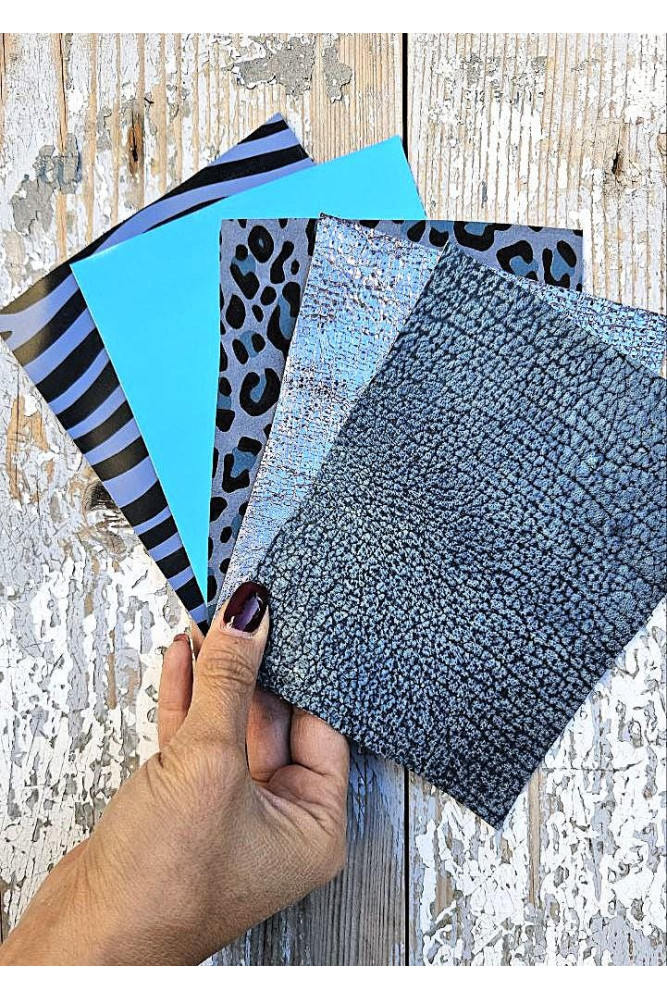 5 Selected leather scraps, BLUE tones, printed and metalic printed,mix selection leather pieces as per pictures