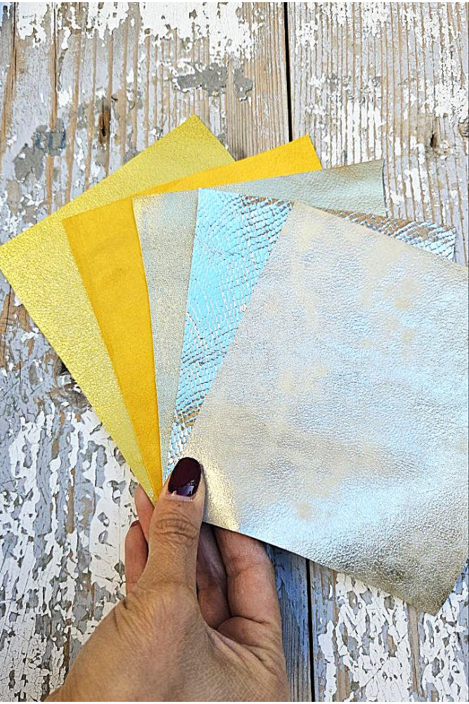 5 Selected leather scraps, YELLOW and GOLD tones, printed and metalic printed,mix selection leather pieces as per pictures