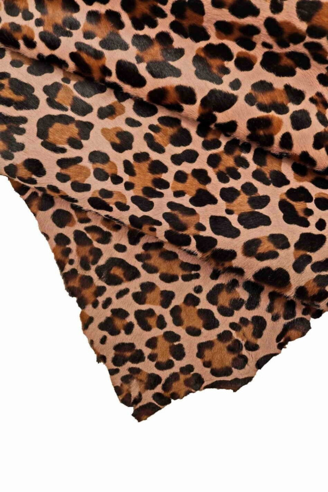 LEOPARD printed HAIR on leather hide, cheetah pattern on pink pony calfskin, animal printed cowhide, super soft B17007-CV