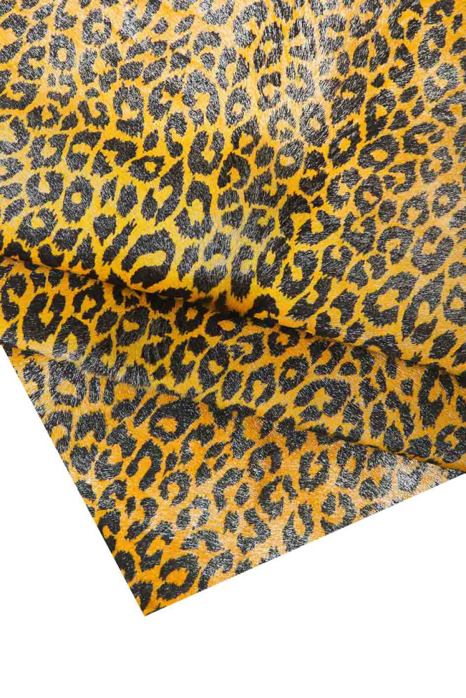 Yellow black LEOPARD textured hair on leather hide, animal printed metallic pony calfskin