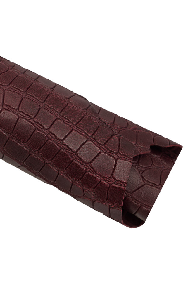 Burgundy CROCODILE embossed leather skin, croc printed sporty goatskin, glossy soft hide, 0.8 - 1.0 mm