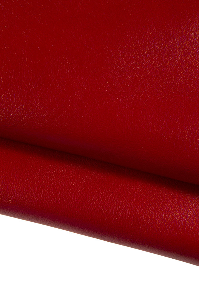 RED GLOSSY genuine leather skin, smooth sheepskin, very tiny pebble grain soft lambskin 1.0 -1.1 mm for crafters and hobbyists