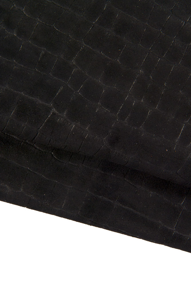 BLACK CROCODILE embossed leather hide, croc printed suede calfskin, soft split cowhide, 1.1 - 1.3 mm