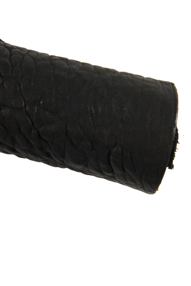 BLACK thick LEATHER hide, sporty wrinkled printed goatskin, black soft skin, 1.9 -2.1 mm