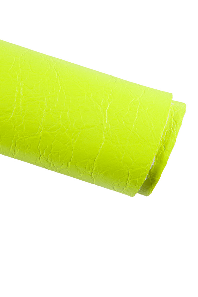 FLUORESCENT YELLOW leather hide, soft wrinkled cowhide, neon yellow semi glossy calfskin, 0.9 -1.1 mm