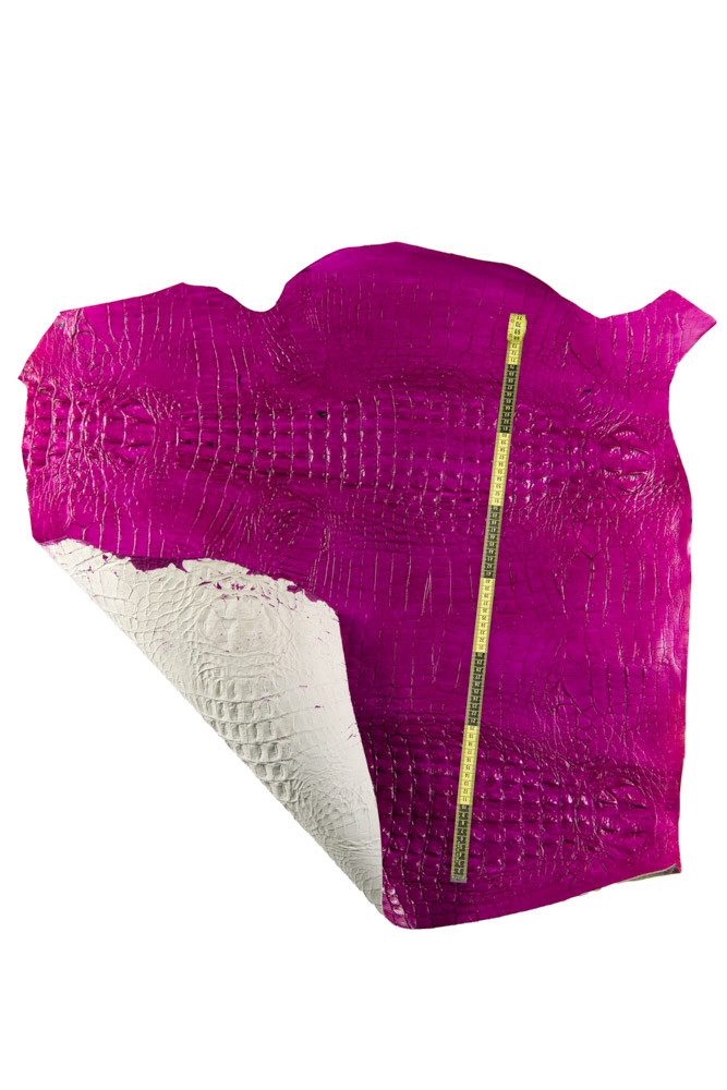 FUCHSIA CROCODILE leather hide, glossy croc embossed calfskin, dark pink alligator printed cowhide, medium softness