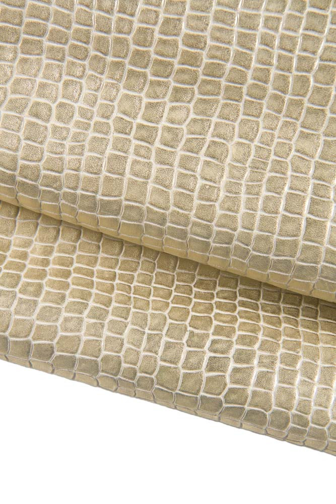 LIGHT GOLD crocodile embossed cowhide, metallic glazed leather hide, corc printed soft calfskin